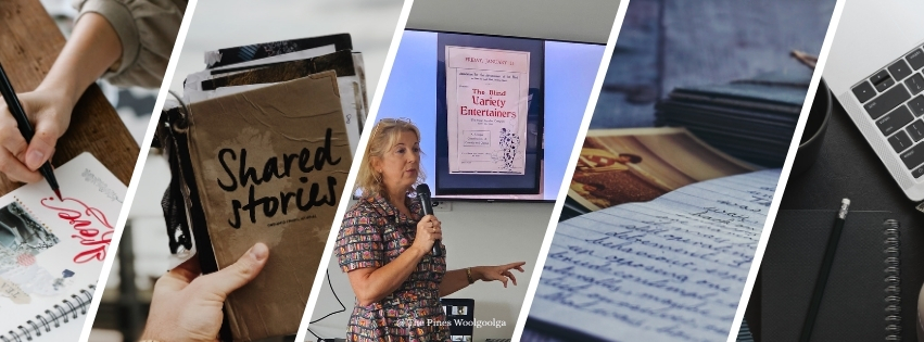 Jacqx Melilli giving a talk and images of memoir writing.
