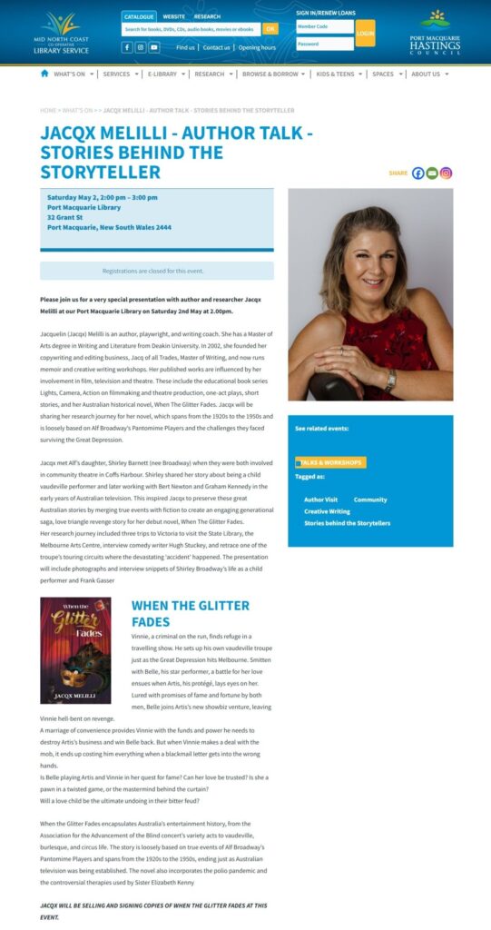 Mid North Coast Library website announcement of Jacqx Melilli's Author Talk at Port Macquarie Library May 2026